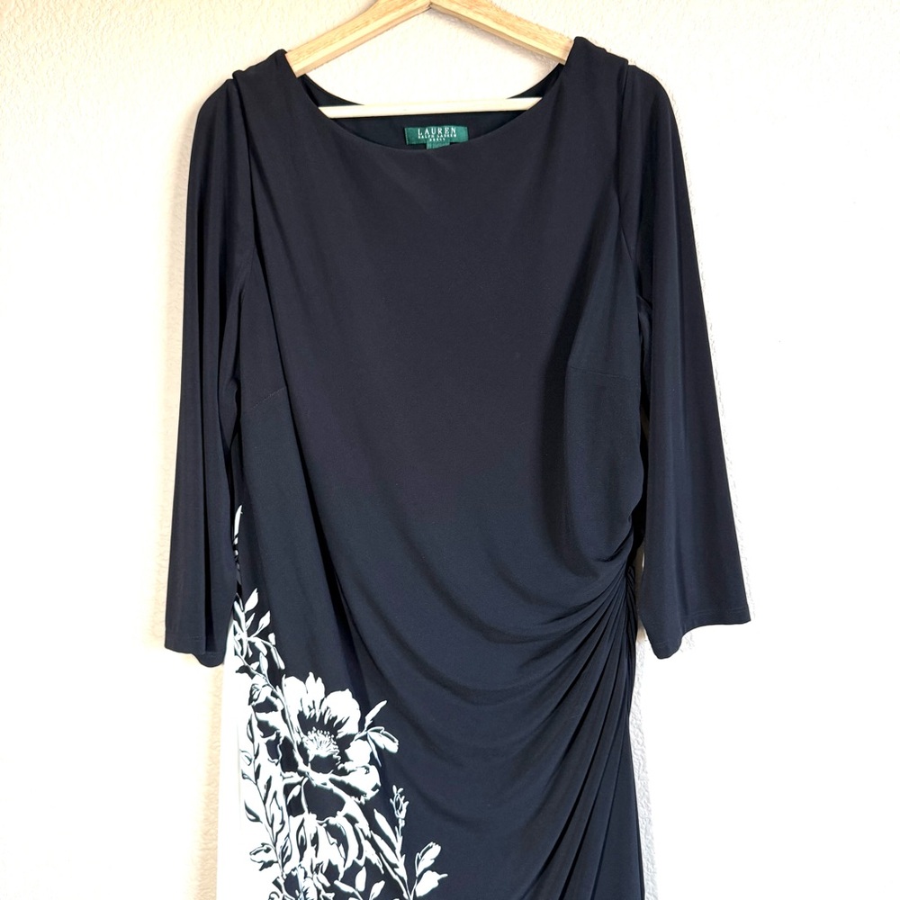 Lauren Ralph Lauren Black White Floral Sheath Women Midi Dress Sz 16W Modest - Picture 3 of 9